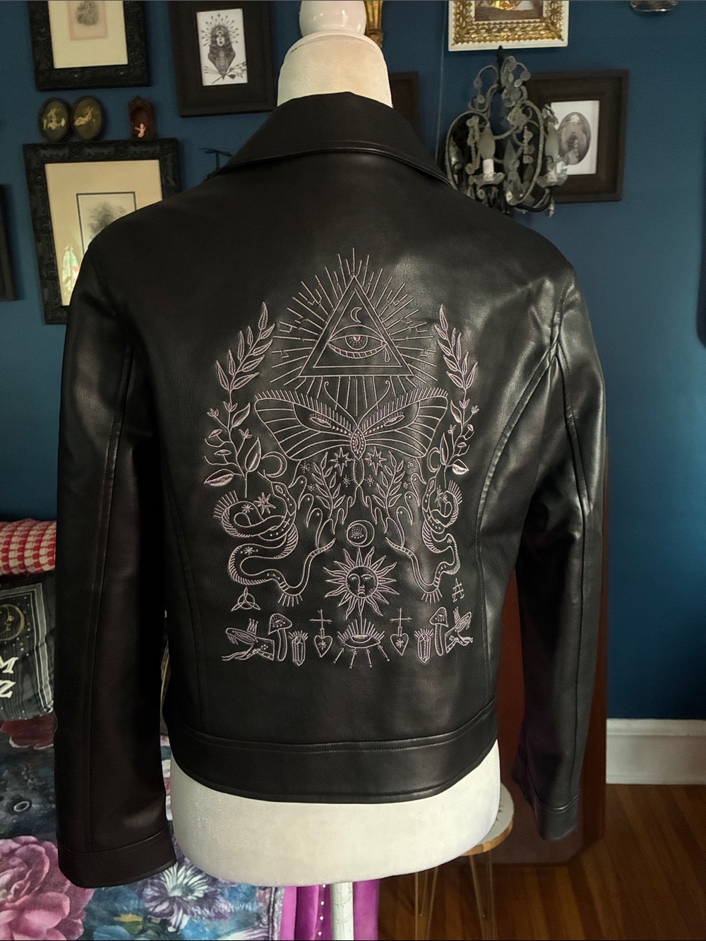 Disturbia Elemental Embroidered Faux Leather Jacket Medium